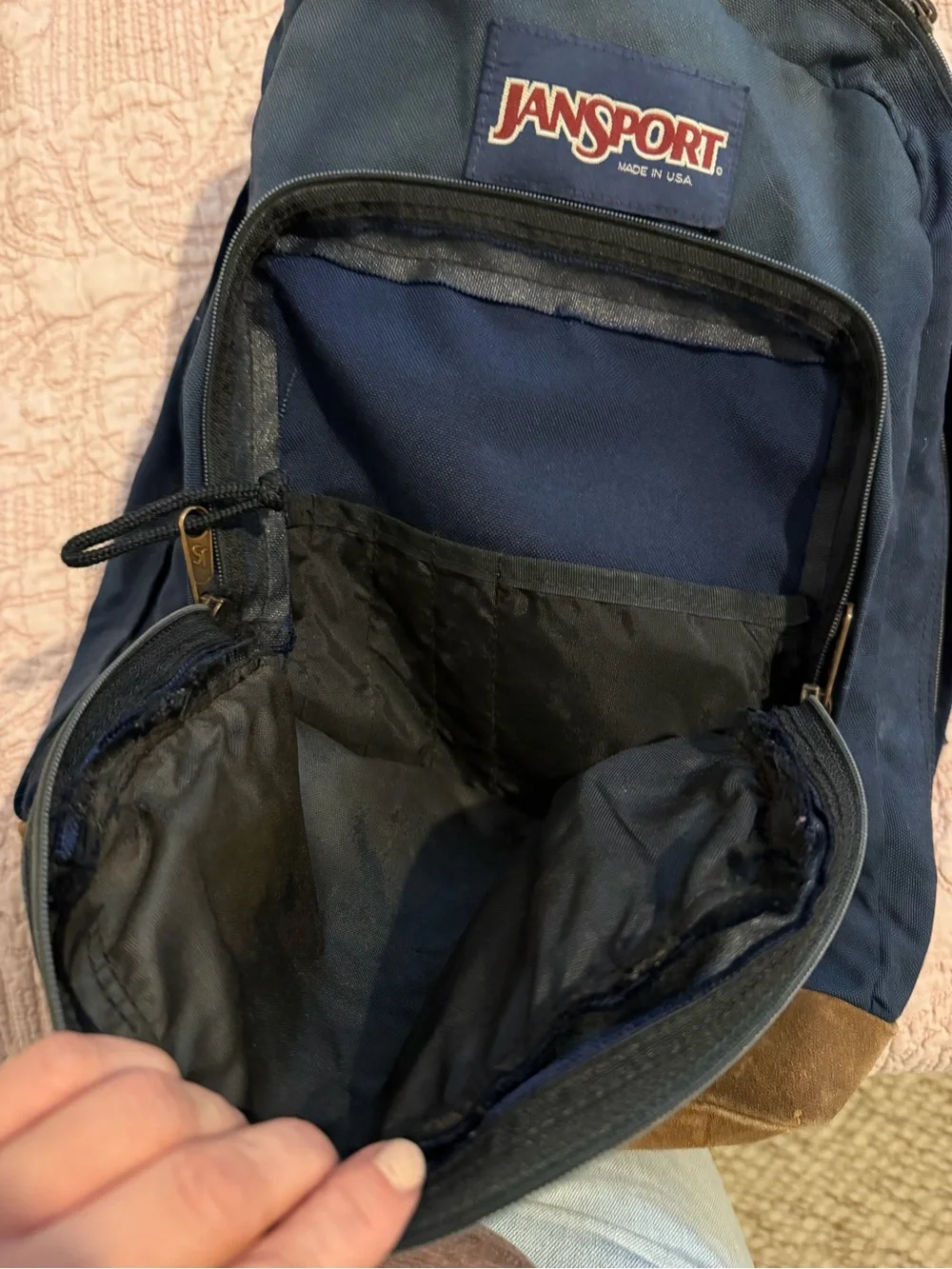 JanSport Dark Blue Backpack with Brown Suede Base